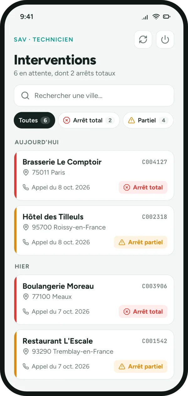 Écran de l'application d'interventions : la liste des interventions d'un technicien