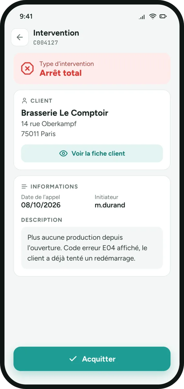 Écran de détail d'une intervention : type d'arrêt, client, date de l'appel et description de la panne