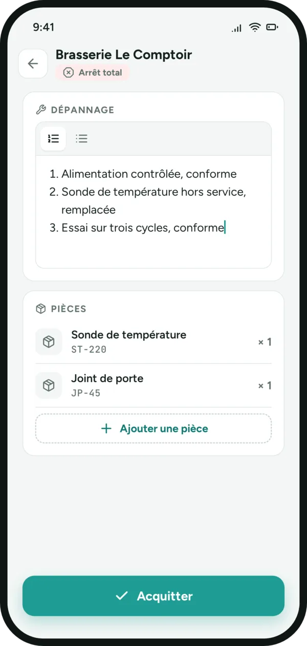 Écran de dépannage : étapes du diagnostic et liste des pièces remplacées